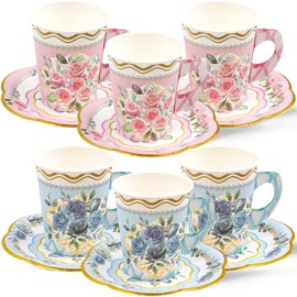 Floral Tea Party Cups and Saucers 24 Sets Paper Tea Cups with Handles Party Decoration