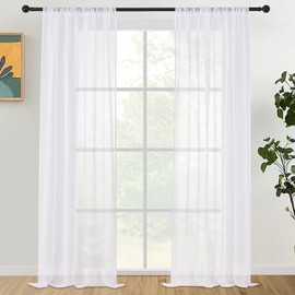 White Curtain with Rod Pocket, Voile Curtains, Bedroom, Transparent Curtain for Large Windows, 140 x 260 cm, W x H, Pack of 2