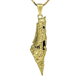 Central Diamond Center Israel Map Necklace Sterling Silver-Am Israel Chai on Back Side-3D Map of Israel Large Yellow Gold Plated