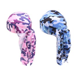2PCS Camouflage Silky Durags for Men Women, Long Tail Durag 360 Waves Headwraps Cap Pirate Bandanas Turban (Pink + Blue)