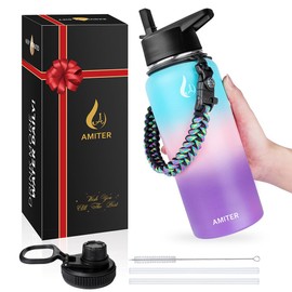 Amiter - Botella de agua con tapa de popote de boca ancha y tapa con mango (22 onzas, 32 onzas, 44 onzas, 64 onzas), termo de acero inoxidable aislado al aspiradora 18/8, a prueba de fugas, sin BPA, taza de viaje (C-hortensia, 22 onzas)