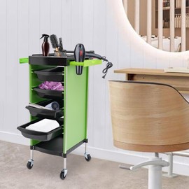 Kathring Salon Trolley Cart, 6 Layer Multifunction Hair Salon Storage Rolling Cart with 4 Drawers and 4 Universal Wheels for Hairdresser, Beauty, Green, Black