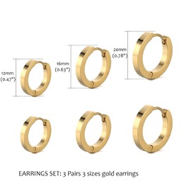 Krstudent 3 Pairs Gold Hoop Earrings for Women,18K Gold Plated Earring Small Huggie Hypoallergenic Gold Earrings Set for Women Girls 12/16/20mm