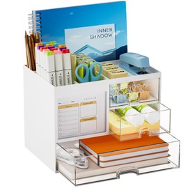 Marbrasse Desk Organiser with 3 Drawers, Pen Holder with Large Capacity for Desk, Office Organiser with 4 Compartments and Accessories, for Office, Home and School (White)