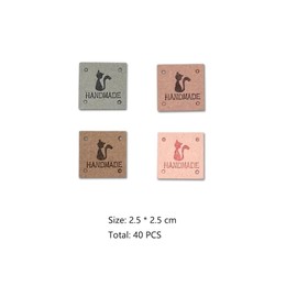 Borsgye 40PCS PU Leather Tags Handmade Embossed Tag Faux Leather Sew on Labels Embellishment Crochet Knitting Labels DIY Jeans Bags Shoes Hat Apparel Accessories - Square - 4 Colors - Cat
