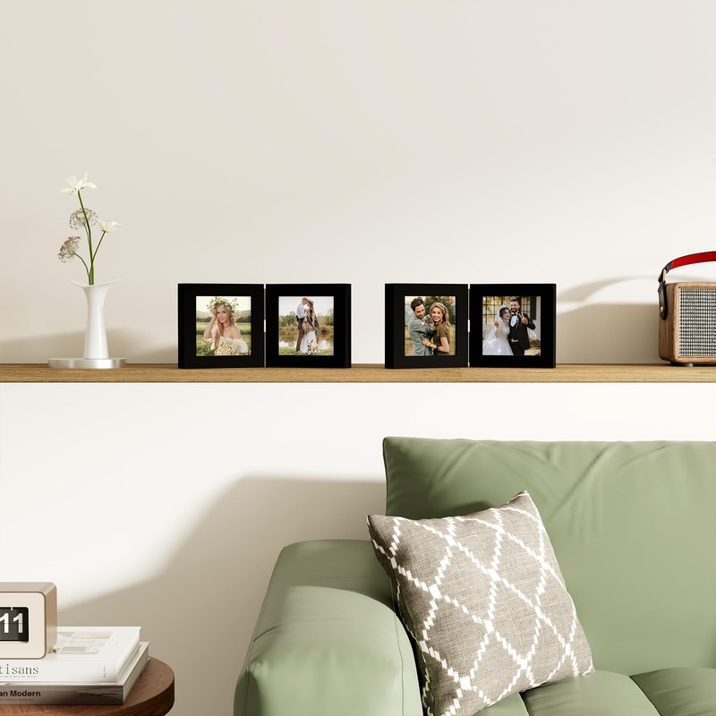 decorUhome Double 4x4 Picture Frame Vertical, Engineered Wood Bifold Photo