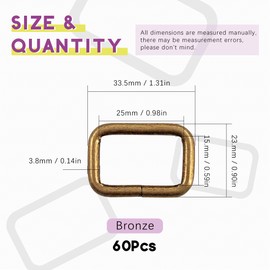 Swpeet 60Pcs 3/4 Inch - 20mm Bronze Metal Rectangle Ring, Webbing Belts Buckle Metal Rings for for Belt Bags DIY Accessories Keychains Belts and Dog Leash (Bronze, 3/4 Inch)