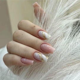Short Almond Press on Nails with Solid Gel, Elegant Style French Tip Glossy Multicolor Stitching False Nails 24pcs (Pink White A1)
