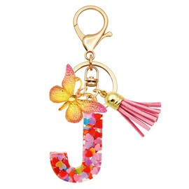 TTYY Initial Letter Keychains for Girls Women Pink Purple Green Cute Butterfly Heart Keychain for Backpack School Bag (pink heart Letter J)