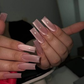 Pink Cats Eyes Press on Nails Long Square Sparkly Fake Nails False Nails with Glitter Designs Full Cover Glossy Gel Glue on Nails Acrylic Nails Stick on Nails for Women Girls 24Pcs