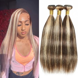 Dokksiiia Dark Brown and Light Blonde Bundles P4/613 Piano Color Highlight Straight Human Hair Bundles Double Weft Brazilian Human Hair Extensions 18 20 22 Inch for Black Women