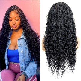 PIB 24 Inch Single Full Lace Braid Wig - Micro Box Braided Wig with Deep Wave - Knotless Braids for Black Women - Modern Style Curly Hair Wig (#1B Off Black)