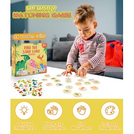 Memory Game, Montessori Toy Memo Game Wood, Memory Games Children, Dinosaur Memory Matching Game with Dino Tattoo Children, Memory Game Children's Learning Toy for Concentration from 3 Years