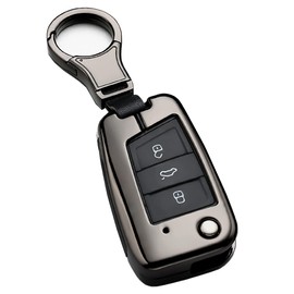 ontto Stylish Key Fob Cover for VW Flip Key Case Key Protector Metal Key Shell Leather Key Skin for Volkswagen Skoda Polo Jetta Golf 7/GTI 7/Golf R R20/MK7 3-Button(1 keycover&1 Keychain) Black