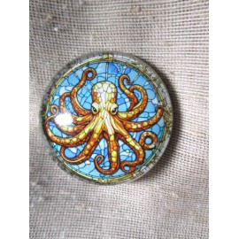 GLASS DOME PICTURE "STAINED GLASS " LRG OCTOPUS IN BLUE WATER BUTTON  30mm