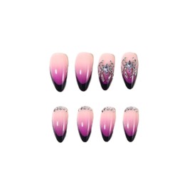 SINHOT Almond Press on Nails Medium - Purple Gradient Fake Nails Glossy Glue on Nails 3D Rhinestones Nails Black French Tip Stiletto Artificial Nails Stick on False Nails with Design DIY 24 pcs