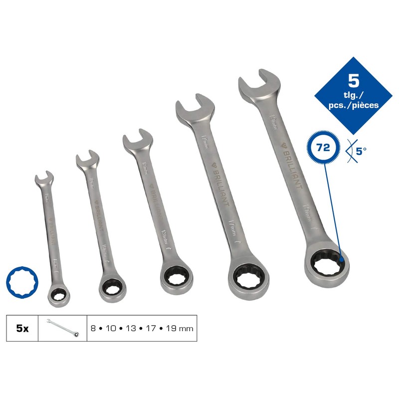 BRILLIANT TOOLS BT013005 Ratchet Ring Spanner Set, 5 Pieces [Powered