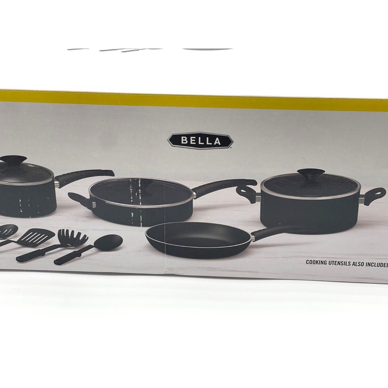 BELLA 12 Piece Nonstick Kitchen Essentials Cookware Set black New