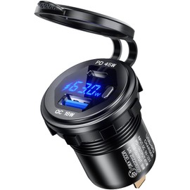 Kaedear KDR-L4B (BLACK) Motorcycle USB Power Supply, Rapid Charging, Dual 2-Port Charger, PD / QC3.0, Aluminum, Digital LED Voltmeter/Power Meter, Switchable Type, 12V-24V, DC12V, Car, Motorcycle