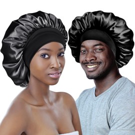 Adubor Silk Bonnet for Sleeping Women Men - Larger Double Layer Satin Bonnet for Sleeping - Hair Bonnet for Sleeping, Black+black, Large