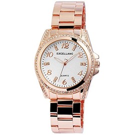 Excellanc 1800152 Women's Watch Metal Link Bracelet Luminous Hands Rhinestone Analogue, Rose Gold Silver, Bracelet