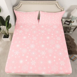 Pink Christmas Bed Sheets Twin Size Girly Romantic Snowflake Sheet Set Princess Winter Fitted Sheet Girls Modern Style Bedding Set Bedroom Decor Pink Floral Flat Sheet & Fitted Sheet & 1 Pillowcase