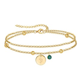YeGieonr Birth Flower Double Layer Bracelet for Women, Stainless Steel Round Pendant with Cubic Zirconia,Adjustable Chain, Tarnish-Free & Hypoallergenic Gift for Her