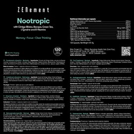 Nootropic, with Ginkgo Biloba, Bacopa, Green Tea, Tyrosine and B Vitamins, 120 Capsules | Memory, Concentration, Clear Thinking | Vegan, Additive Free, Allergen Free, Non-GMO | Zenement