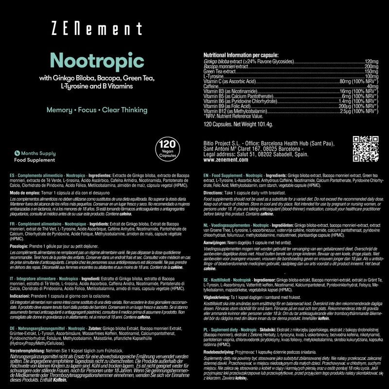 Nootropic, with Ginkgo Biloba, Bacopa, Green Tea, Tyrosine and B