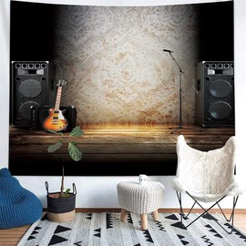 NYMB Music Tapestry Wall Hanging, Vintage Guitar on Wood Stage Wall Tapestry Art for Home Decorations Dorm Decor Living Room Bedroom Bedspread (Guitar, 80'' X 60")
