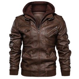 CARWORNIC Men's Faux Leather Jacket Casual Brown Motorcycle Jacket with Removable Hood