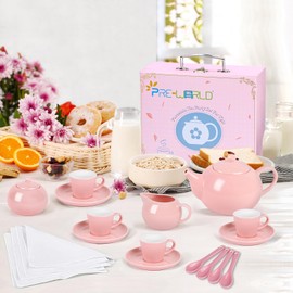 Porcelain Tea Party Set for Girls, PRE-WORLD Princess Tea Time Toy Including Teapot,Saucers,Teacups,Sugar Bowl,Creamer Pitcher,Spoons & Tablecloth, Kids Kitchen Pretend Play Toys Gift for Girls Pink