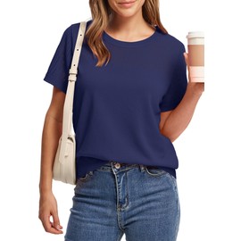 Womens Tops Short Sleeve Sweater T Shirts Cute Lightweight Sweaters Business Casual School Teacher Outfits for Women 2025 Fall Clothes Trendy Early Fall Fashion Essentials Navy Blue S