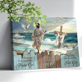 Farmhouse Christian Wall Art Rustic Bible Verse Wall Art Jesus Walking On The Beach Canvas Prints Framed Artwork Vintage Scripture Wall Art Religious Gifts For Living Room Bedroom Home Decor 12"X16"