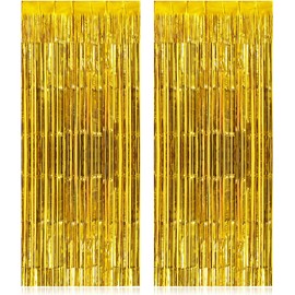 2 Pack Fringe Curtains Backdrops, Foil Fringe Curtains, Door Streamers for Birthday Wedding Bridal Shower Holiday Graduation Party Decorations, Photo Booth Backdrops Gold