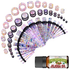 BodyJ4You 54PC Ear Stretching Kit 14G-12mm - Aftercare Jojoba Oil - Multicolor Glitter Acrylic Plugs Gauge Tapers Silicone Tunnels - Lightweight Expanders Men Women
