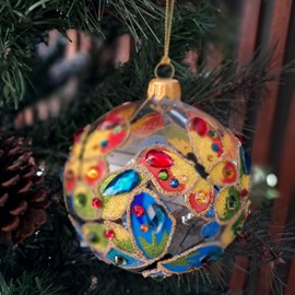 Pinwinito - Polish Christmas Ornaments (Blue Yellow Butterfly) - Individual Glass Ball 3.94”, Mouth Blown Glass Ornaments for Xmas Tree, Hand Painted - Classic Elegant Clear Glass - Stylish Vintage