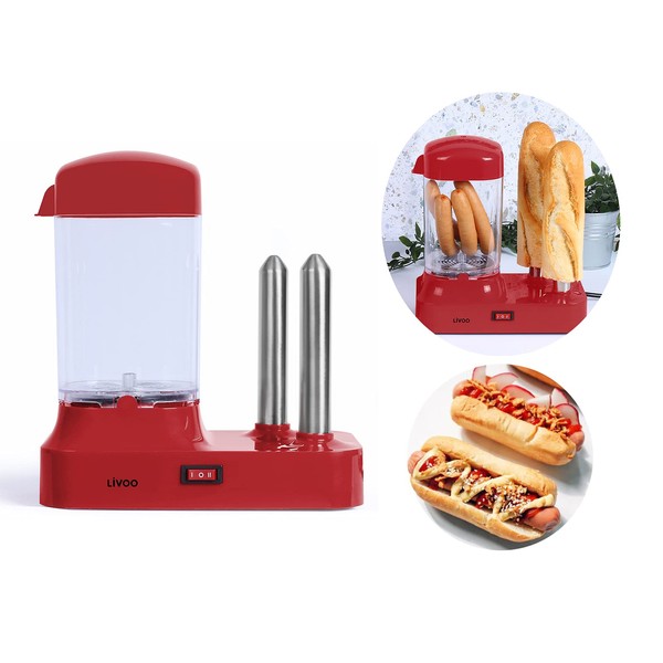 Hot Dog Maker with Bun Warmer - Hot Dog Machine for 6 Sausages - Hotdog Maker Set Removable Heat Container - Electric Sausage Warmer with Stainless Steel Skewers for Warming Buns