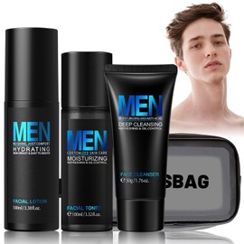 Feuchtigkeitscreme Gesicht Männer, Pflegeset Männer Skin Care Set, Gesichtscreme + Toner Gesicht + Gesichtspeeling Mann + Kosmetiktasche Durchsichtig ölkontrolle und Feuchtigkeitsversorgung
