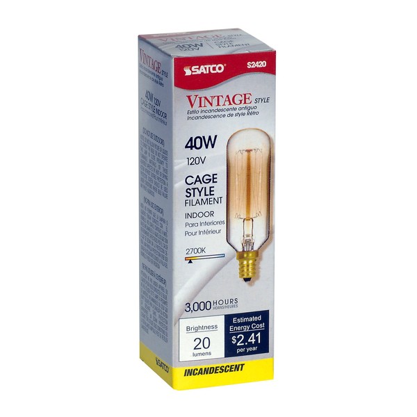 Satco S2420 40 Watt 20 Lumens T9 Incandescent Candelabra Base Soft White 2700K Vintage Cage Gold Coil Design Light Bulb, Dimmable