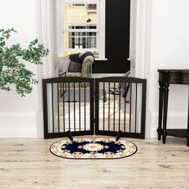 PUPETPO Freestanding Pet Gate for Dogs, Foldable Wooden Dog Gate for House, Indoor Dog Gate for Stairs, Doorways, Gates for Dogs Indoor, Support Feet Included, 24" Height 2 Panels, Brown