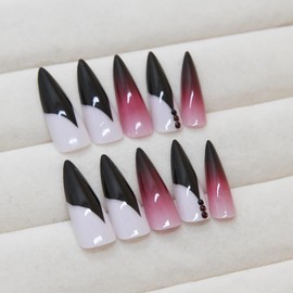 BABALAL Stiletto Press on Nails Long Fake Nails Black Glue on Nails Red Ombre Goth Acrylic Nails Rhinestone Design False Nails 24Pcs Almond Diy Manicure Stick on Nails