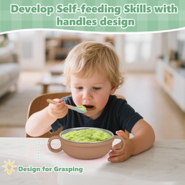 Yummy Sam 2Pack Stainless Steel Baby Bowls with Handles, with Remobable Silicone for Kids' Self-Feeding, Heat-resistant & Unbreakable Snack Bowls, Dishwasher Safe (Brown&White)