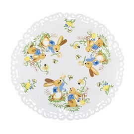Easter Bunny Table Doily, Round Decorative Table Topper, White with Floral Pattern (23 Inch Round)