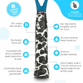 GET A GRIP - Custom Tennis Racket Grip Tape - Anti-Slip/Quick-Drying Tennis Overgrips - Precut Badminton Racket Grip with Finishing Tape - Squash Racket Grip Tapes (Cow-A-Bunga, 3 Grips)