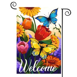 DMERBYL Welcome Summer Spring Floral Garden Flag 12x18 Double Sided, Burlap Small Vertical Spring Summer Butterfly Garden Yard Flags for Summer Seasonal Outside Outdoor House Decoration (ONLY FLAG)