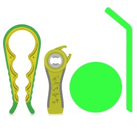 LSVGOE Jar Bottle Opener 3 Pack for Weak Hand and Seniors with Arthritis, 5-in-1 Multi Kitchen Tools Set 4-in-1Jar Grip Opener and Non Slip Jar Gripper Pad, Reusable Silicone Straws Included (Green)