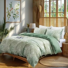 OAITE Duvet Cover King Size,Reversible Leaf Green Duvet Cover Set with Zipper Closure, 3 Pieces Modern Patterns Soft Microfiber Bedding Set with 4 Ties(104’’*90’’,2 Pillow Cases)