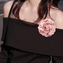 Elegant Satin Fabric Rose Flower Brooch Pin Silk Large Big Camellia Brooch Lapel Pins Plant Floral Hair Clip Pins Wedding Party Jewelry for Women (Pink)