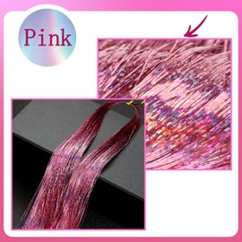 NIACONN Glitter Hair Tinsel Extensions Kit Pink with Tools and Beads, 48 Inch Sparkly Fairy Colorful Tensile Strands Shiny Hair Accessories for Women Girls Kids